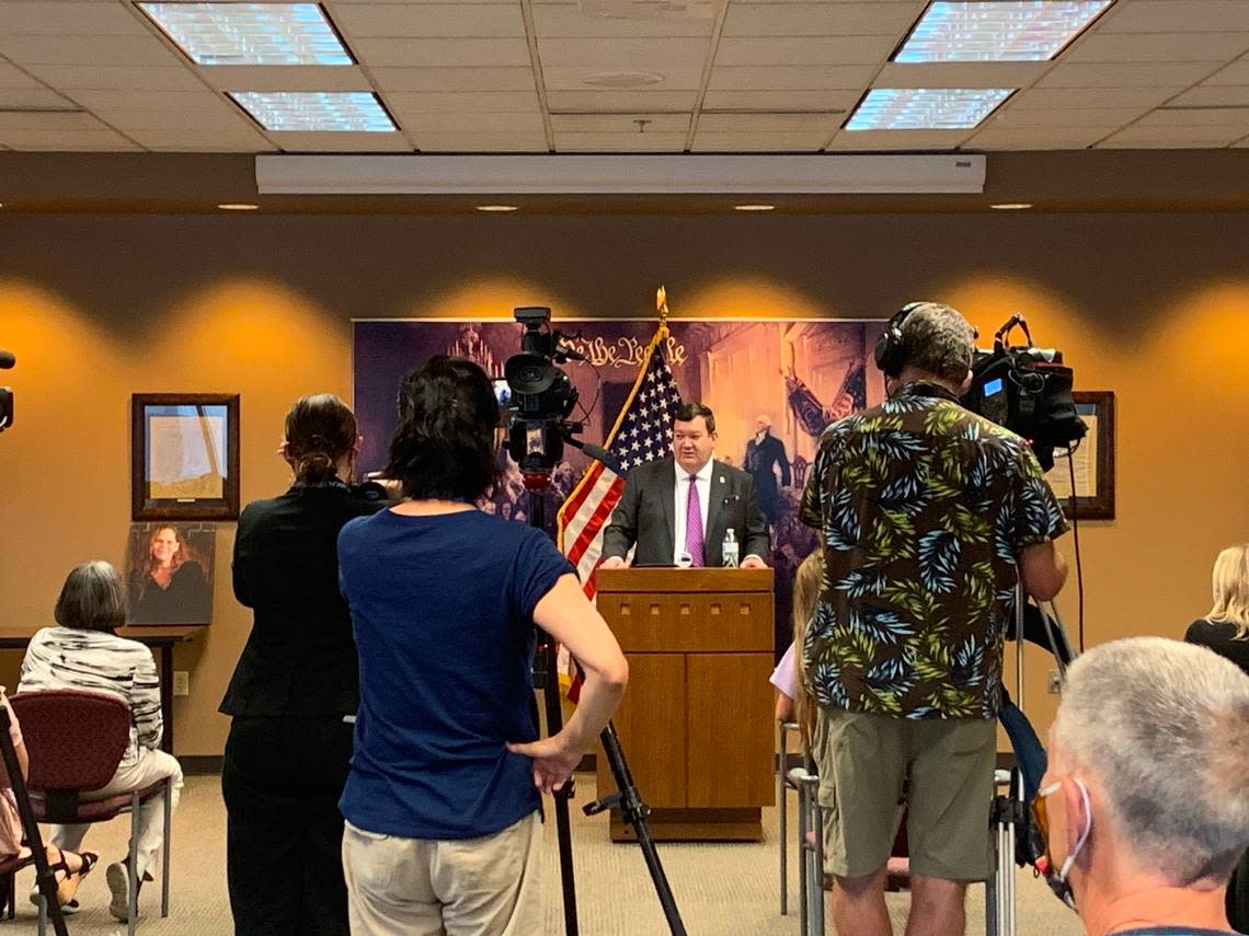 Stephen McAllister speaks at a news conference following the sentencing of 55-year-old Eric Newman on Wednesday, July 8, 2020. At the time, McAllister was the U.S. Attorney for the District of Kansas.