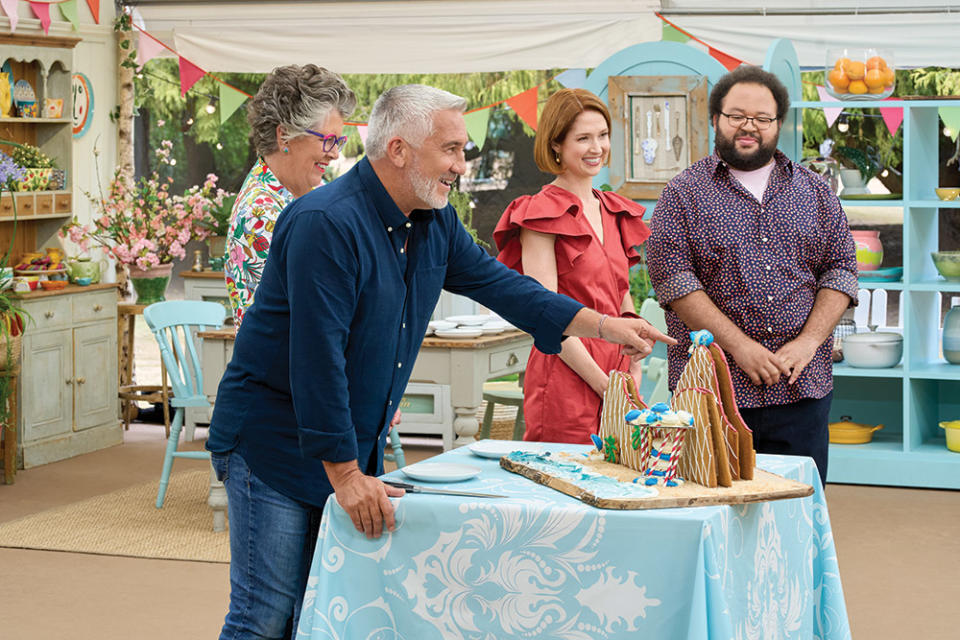 From left: Great British Baking Show judges Prue Leith and Paul Hollywood join co-hosts Kemper and Zach Cherry in the U.S. adaptation.