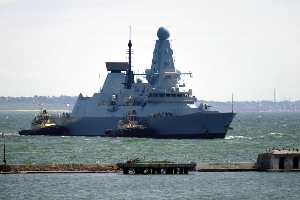 ODESA, UKRAINE - JUNE 18, 2021 - HMS Defender (D36) of the Royal Navy arrives at the port of Odesa, southern Ukraine. (Photo credit should read Yulii Zozulia/ Ukrinform/Barcroft Media via Getty Images)