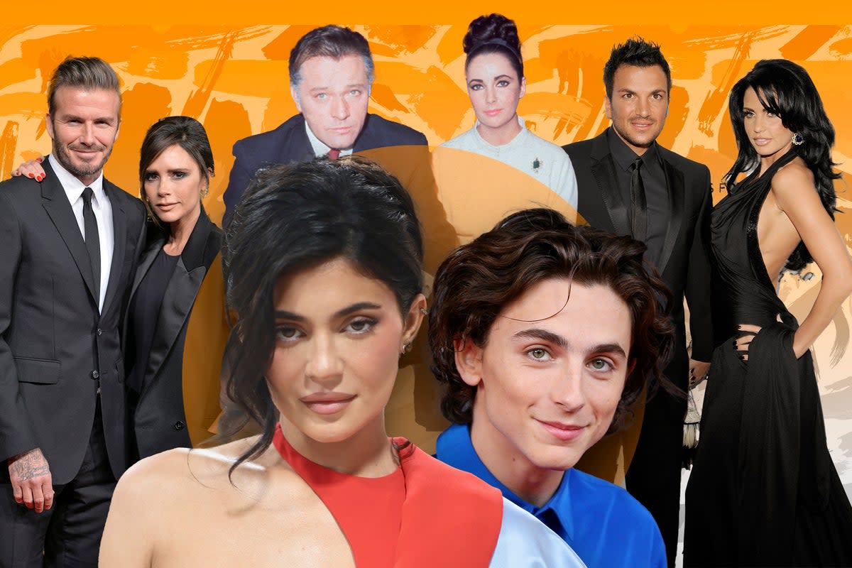 Celebrity couples past and present: David and Victoria Beckham, Richard Burton and Elizabeth Taylor, Peter Andre and Katie Price, Kylie Jenner and Timothee Chalamet  (Getty)
