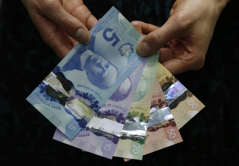 The new Canadian five and 10 dollar bills, made of polymer, are displayed with the previously released 20, 50 and 100 dollar notes following an unveiling ceremony at the Bank of Canada in Ottawa April 30, 2013. REUTERS/Chris Wattie