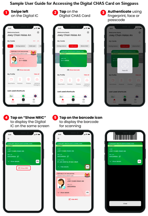 Image showing multiple panels of the Singpass app, as a guide to using the digital CHAS card. 