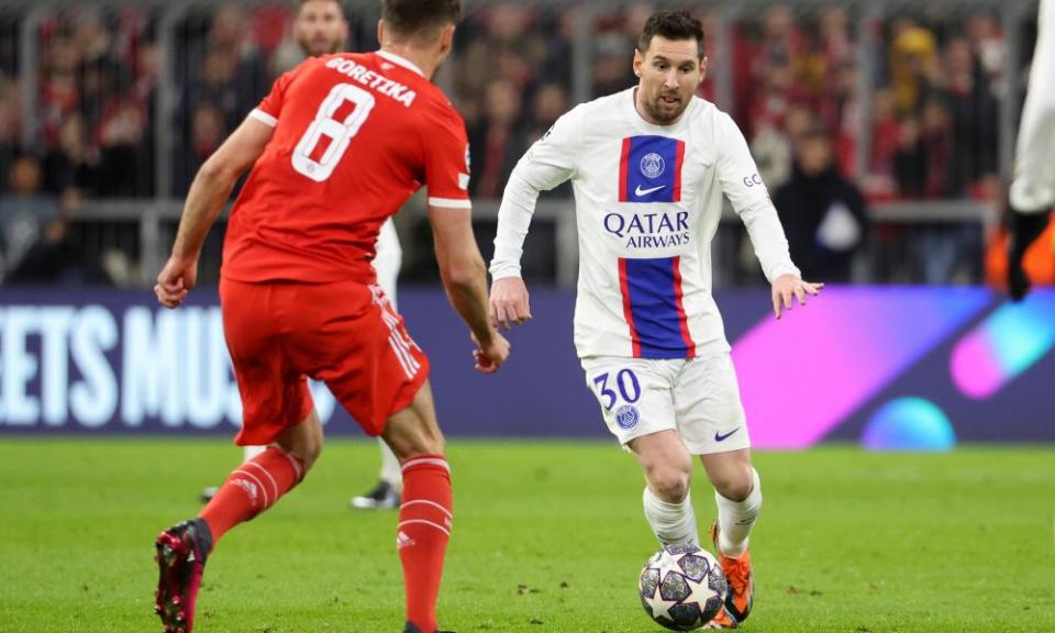 Lionel Messi of PSG during the UEFA Champions League round of 16 leg two match between FC Bayern Munich and Paris Saint-Germain