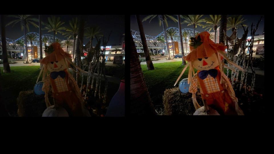 A shopping mall scarecrow, photographed on iPhone 11 Pro (left) and iPhone 12 Pro (right.)