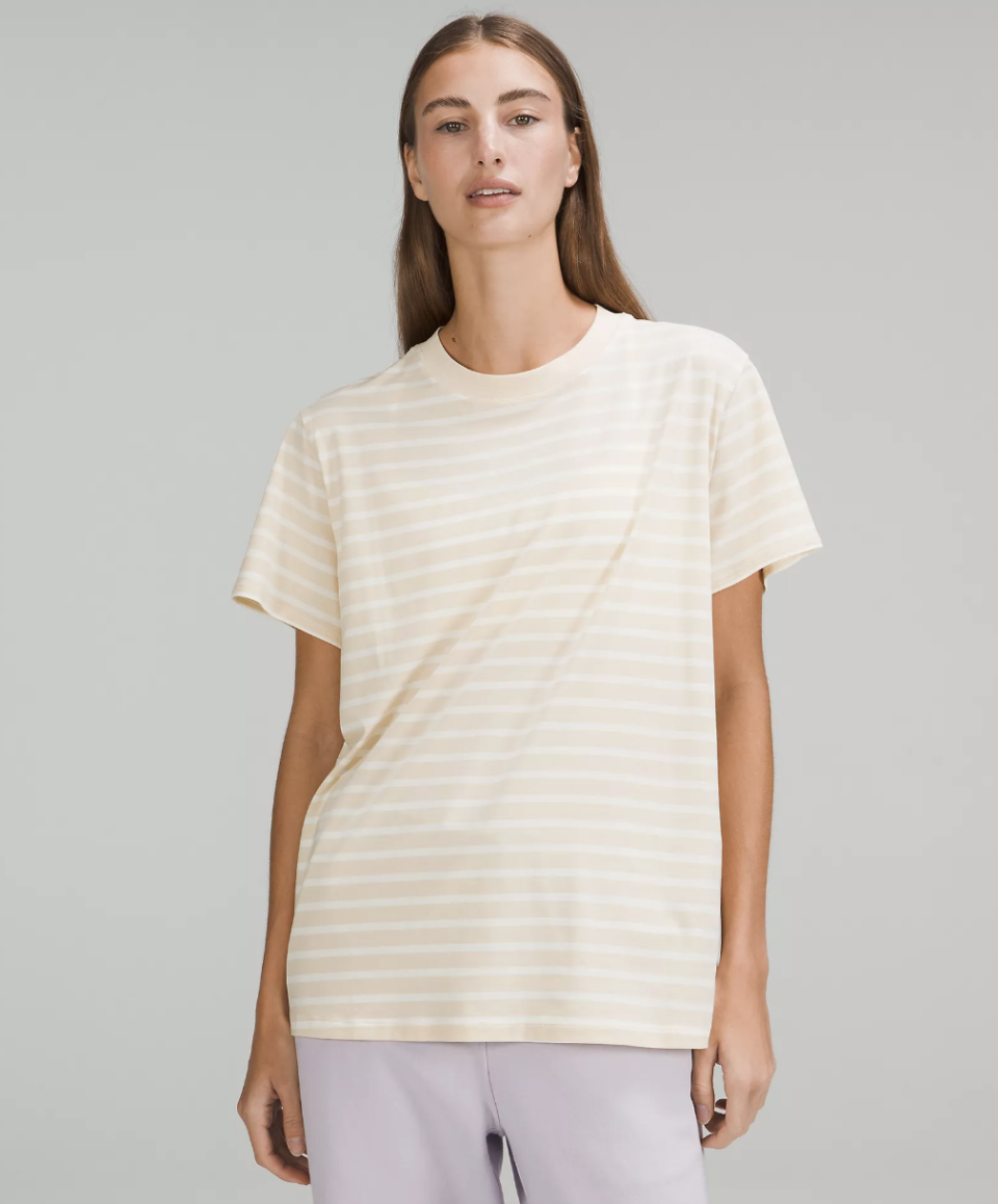 Lululemon All Yours Short Sleeve T-Shirt in yachtie stripe pale lemon (Photo via Lululemon)