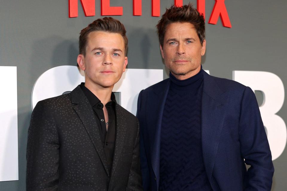 <p>Rich Polk/Getty</p> John Owen and Rob Lowe at the Unstable premiere in March 2023.