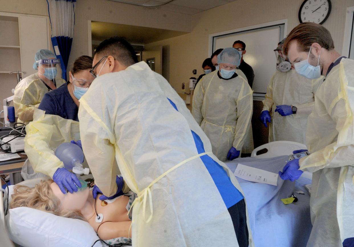 State officials say they will no longer require masks in hospitals as of April 3. This file photo shows a 2020 drill at Community Memorial Hospital — Ventura.