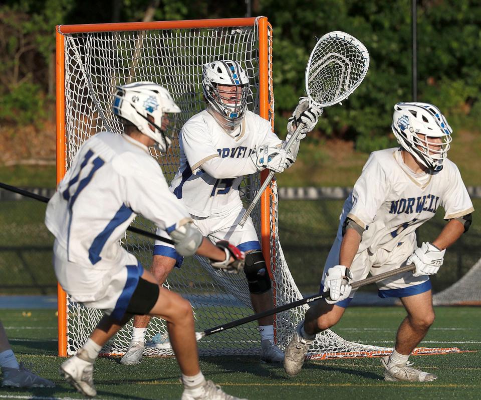 Norwell goalie Ryan Daly made several saves against Hanover on the lacrosse field in the MIAA Division 3 semifinals on Friday, June 17, 2022.