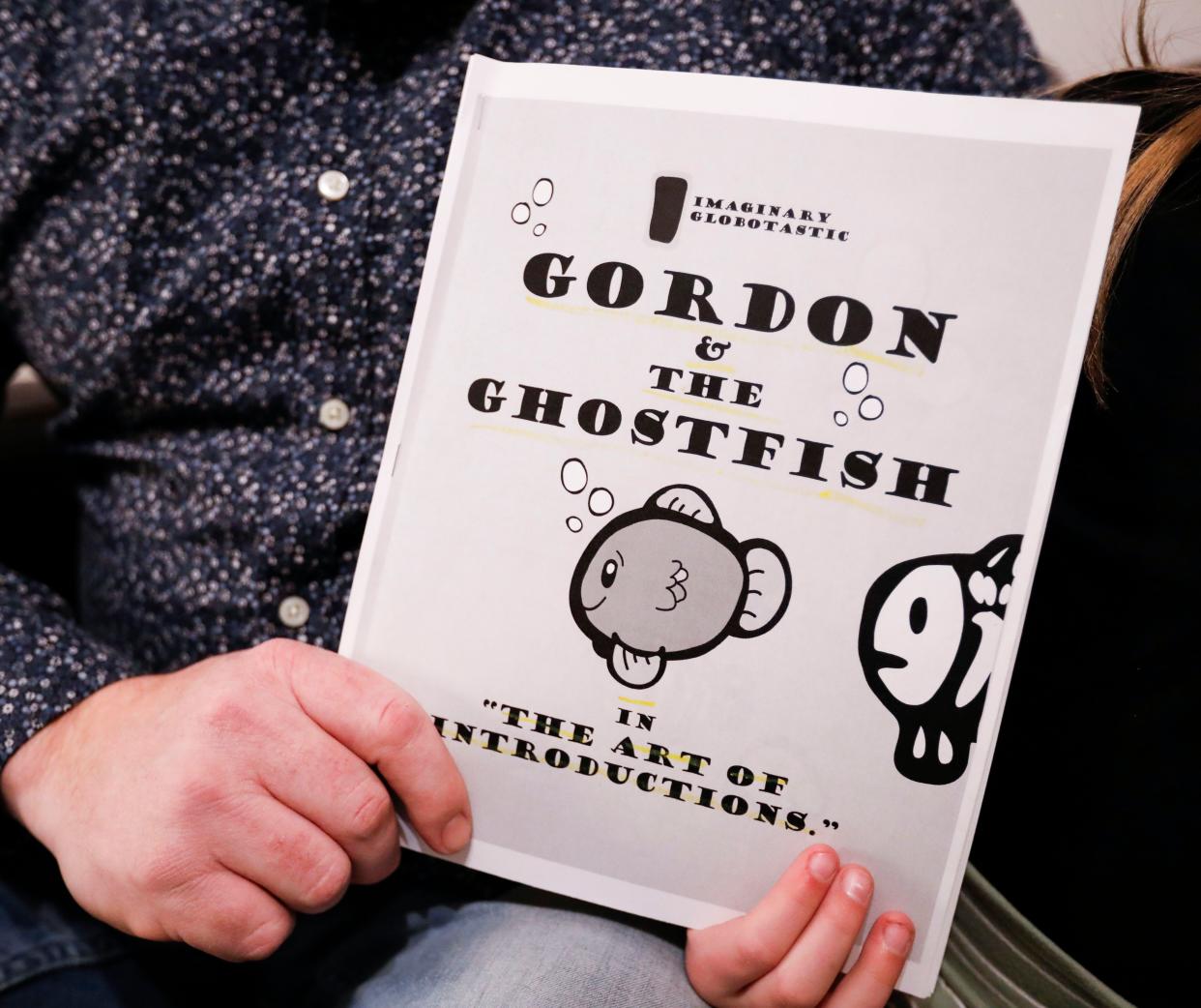 A proof of the children's book "Gordon and the Ghostfish" written and illustrated by Linkyn Rippee, 8, and her father and Zachariah.