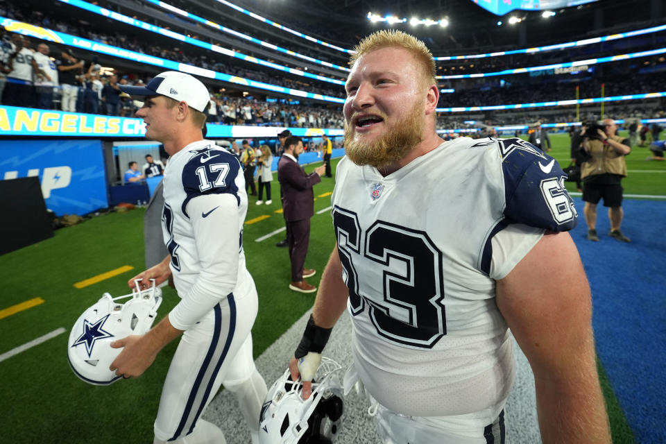 Oct 16, 2023; Inglewood, California, USA; Dallas Cowboys center Tyler Biadasz (63) reacts after the game against the <a class="link " href="https://sports.yahoo.com/nfl/teams/la-chargers/" data-i13n="sec:content-canvas;subsec:anchor_text;elm:context_link" data-ylk="slk:Los Angeles Chargers;sec:content-canvas;subsec:anchor_text;elm:context_link;itc:0">Los Angeles Chargers</a> at SoFi Stadium. Mandatory Credit: Kirby Lee-USA TODAY Sports