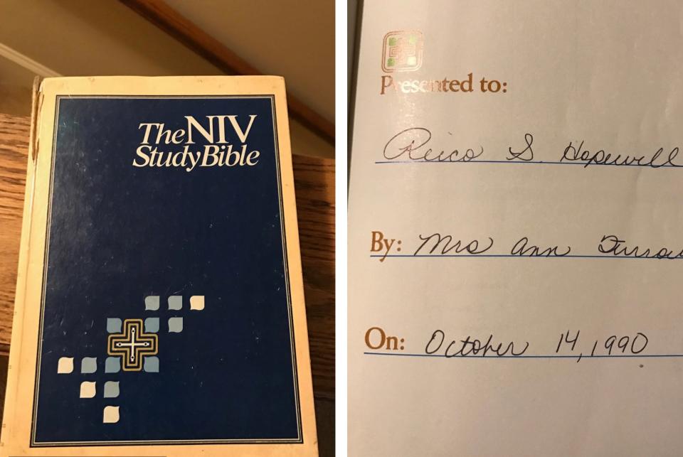 A Bible gifted to Reico Hopewell by Ann Furrow on October 14, 1990. Hopewell kept the Bible during his years of being homeless and battling addiction.