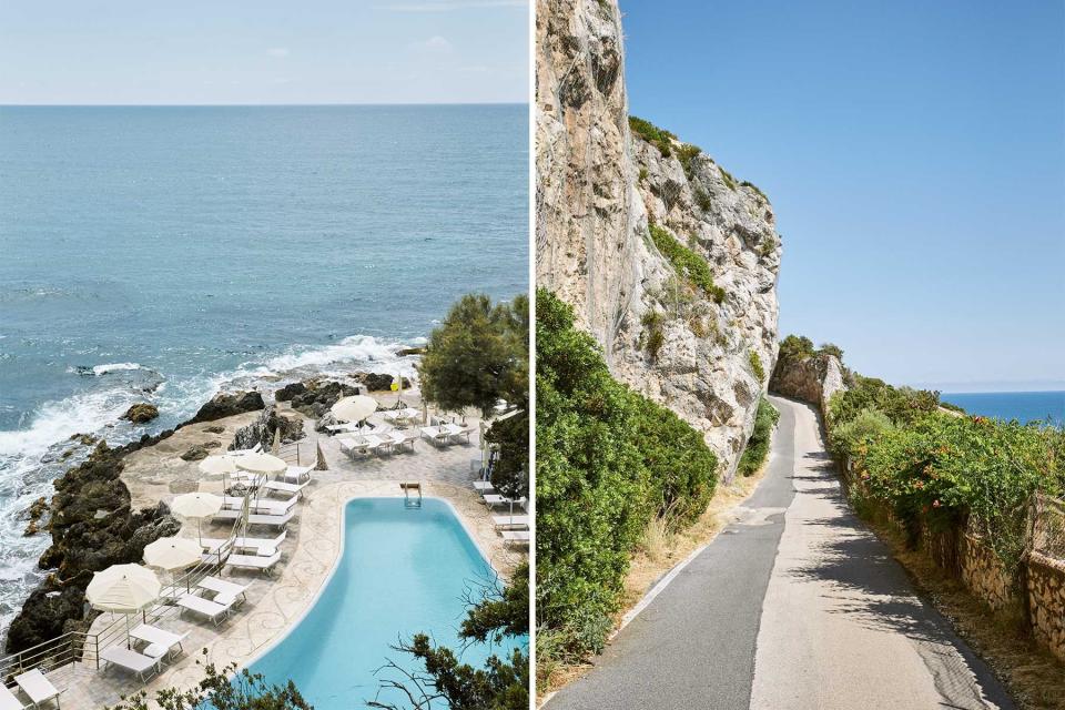 Pair of photos showing a hotel pool and an Italian road