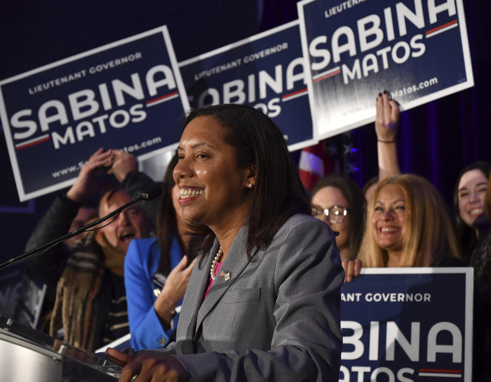 Sabina Matos gives her victory speech during an election night gathering in Providence, R.I., on Nov. 8, 2022. (Mark Stockwell / AP)