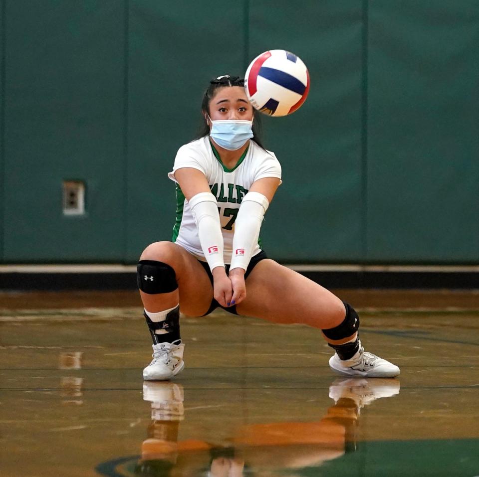 Pascack Valley libero Sabrina Arcilla in the first set. Wayne Valley wins the North 1, Group 3 quarterfinals in two sets (25-12, 25-15) on Wednesday, April 14, 2021, in Hillsdale.