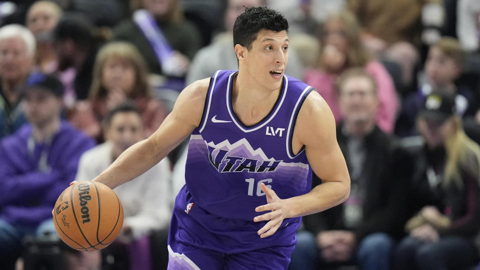 Utah Jazz guard Utah Jazz forward Simone Fontecchio (16) brings the ball up court during the second half of an NBA basketball game against the Oklahoma City Thunder Tuesday, Feb. 6, 2024, in Salt Lake City. (AP Photo/Rick Bowmer)