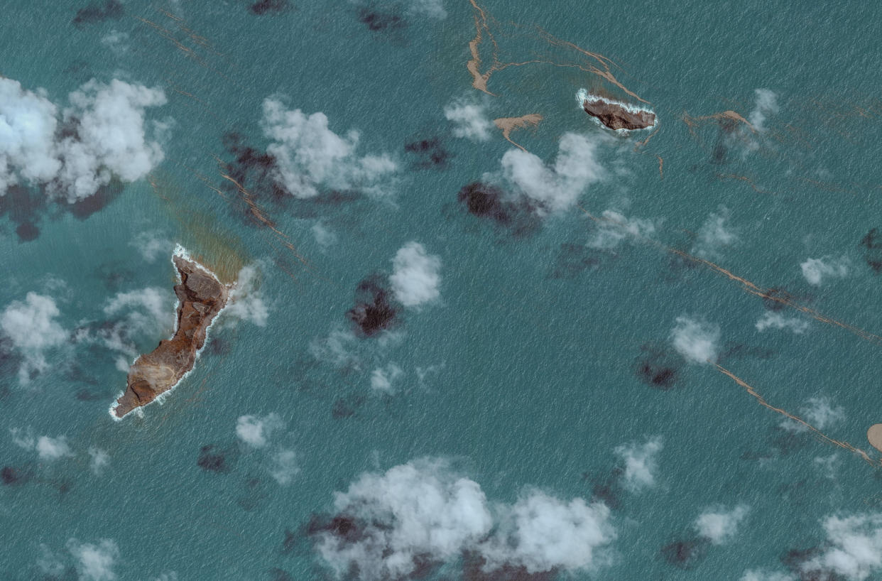 HUNGA TONGA-HUNGA HA'APAI, TONGA – JANUARY 17, 2022: In this image 4. of a series created on January 19, 2022, Maxar overview satellite imagery shows the Hunga Tonga-Hunga Ha'apai volcano on January 17, 2022, after the eruption on January 14th , 2022 in Hunga Tonga-Hunga Ha'apai Islands, Tonga. (Photo by Maxar via Getty Images)