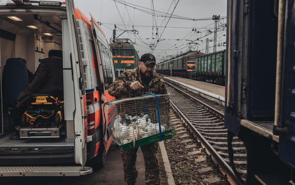 A volunteer carries a cage with pigeons onto an evacuation train in the direction of Lviv - Diego Herrera Carcedo/Anadolu Agency via Getty Images