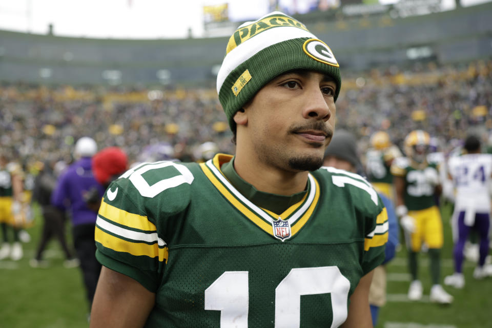 Green Bay Packers quarterback Jordan Love (10) walks on the field after an NFL football game against the Minnesota Vikings, Sunday, Oct. 29, 2023, in Green Bay, Wis. The Vikings won 24-10. (AP Photo/Matt Ludtke)