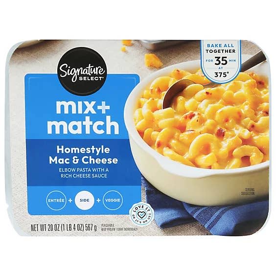 Signature Select Mix + Match Homestyle Mac & Cheese; elbow pasta with rich cheese sauce. Ready in 35 minutes at 375°F. 20 oz (1 lb 4 oz) 567 g