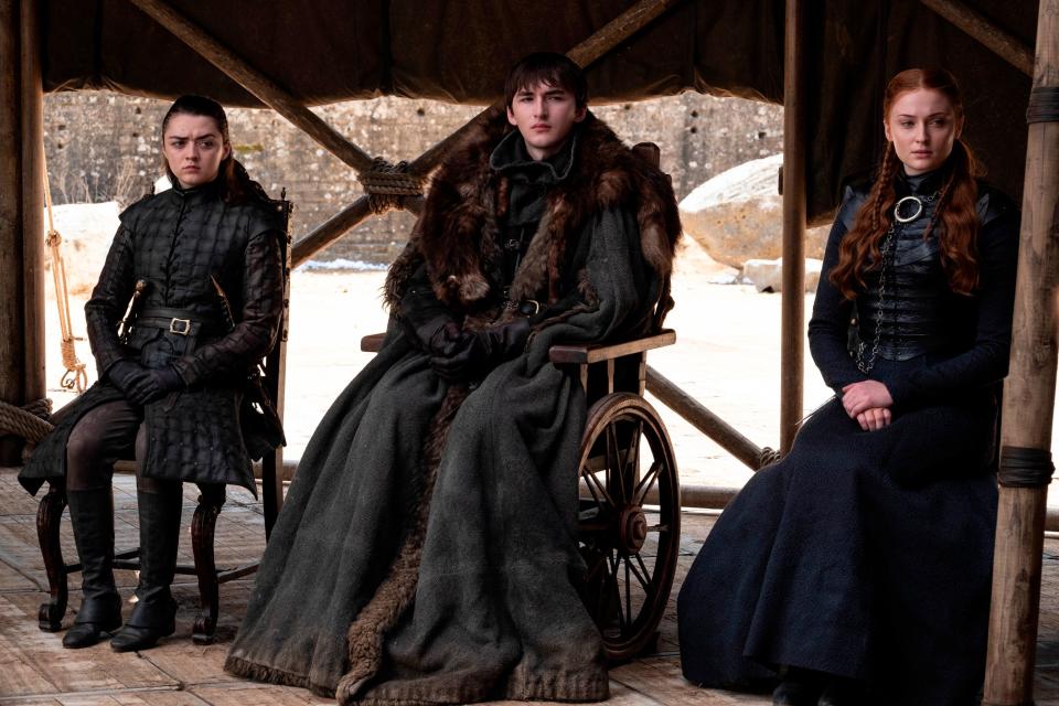 From left, Maisie Williams, Isaac Hempstead Wright and Sophie Turner in the final episode of "Game of Thrones," which aired May 19, 2019.