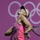 Maria Sharapova, of Russia, practices at the All England Lawn Tennis Club at Wimbledon, in London, at the 2012 Summer Olympics, Thursday, July 26, 2012. Tennis competition is scheduled to begin Saturday, July 28. (AP Photo/Mark Humphrey)