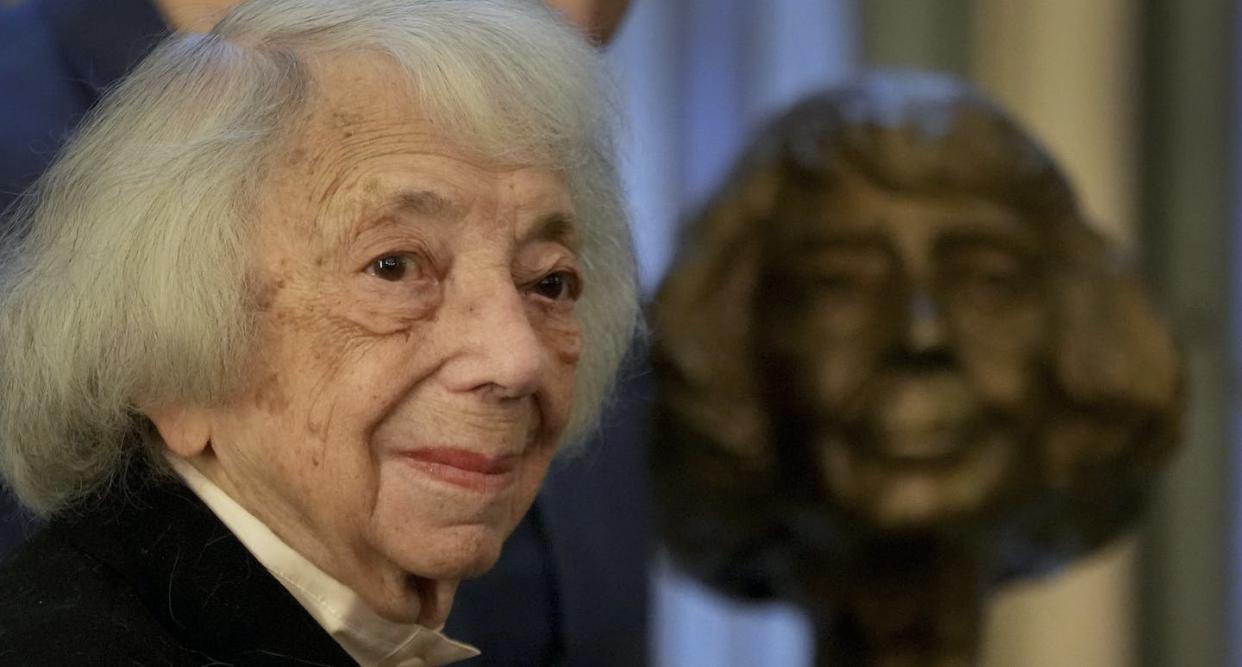 Holocaust survivor Margot Friedlaender attends the unveiling of a bust of herself in Berlin, Jan. 23, 2023. (AP Photo/Michael Sohn)