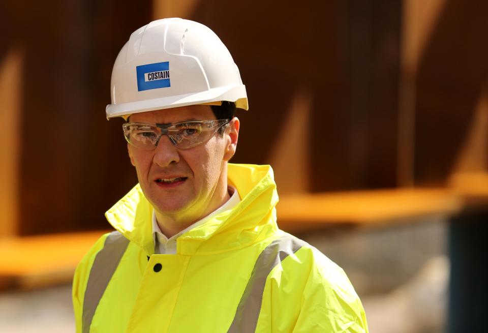 Chancellor George Osborne during a tour of the Heysham to M6 link road construction site near Morecambe during General Election campaigning.