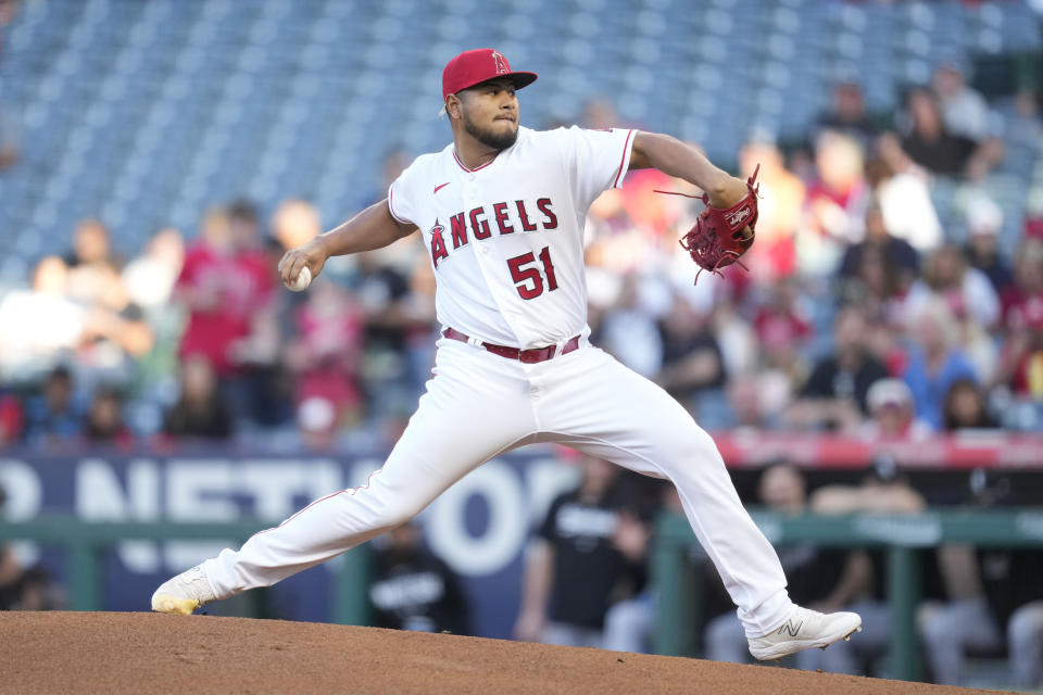 Los Angeles Angels starting pitcher Jaime Barria (51) throws during the first inning of a baseball game against the Chicago White Sox in Anaheim, Calif., Wednesday, June 28, 2023. (AP Photo/Ashley Landis)