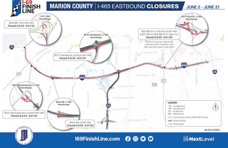 From June 2 to June 21, eastbound lanes of I-465 will be closed between I-65 and I-70.