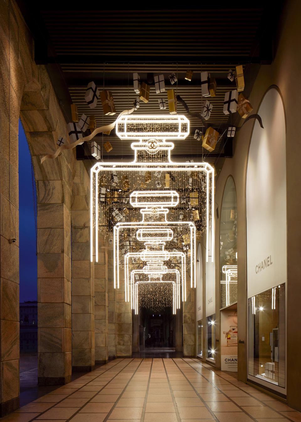 The Rinascente shopping arcade featuring Chanel lighting as part of the Chanel Wonderland takeover.