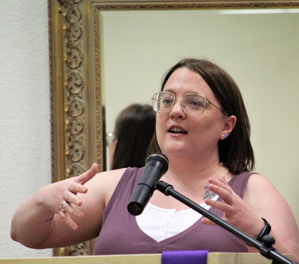 Chesna Riley delivers her sermon April 3 at the Brook Hollow Christian Church congregation. One of two co-pastors, Riley trades duties with Penny Biddy, who that Sunday led the singing.