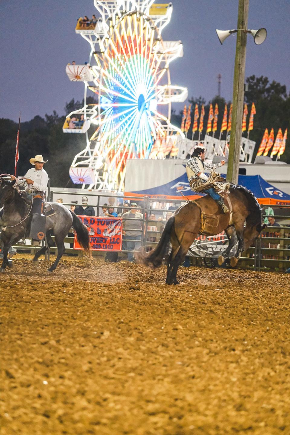 A bronc rider tries to stay on the ride at the Maury County Fair and Rodeo on Thursday, Aug. 31, 2023.