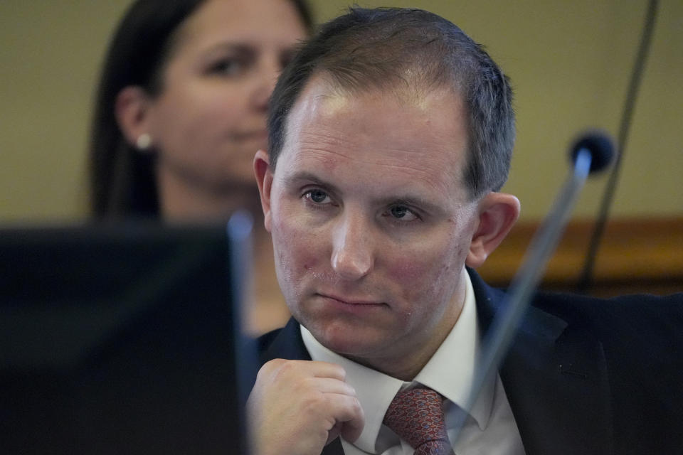 Attorney Eric Osborne, who represents The Covenant School parents, listens during a hearing to decide whether the journals of the Covenant School shooter can be released to the public Tuesday, April 16, 2024, in Nashville, Tenn. (AP Photo/George Walker IV)