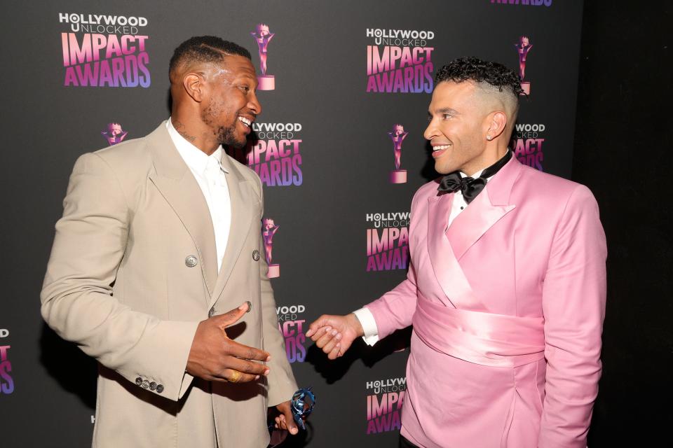 (L-R) Jonathan Majors and Jason Lee, Founder, Hollywood Unlocked attend the 4th Annual Hollywood Unlocked Impact Awards at The Beverly Hilton on June 21, 2024 in Beverly Hills, California.