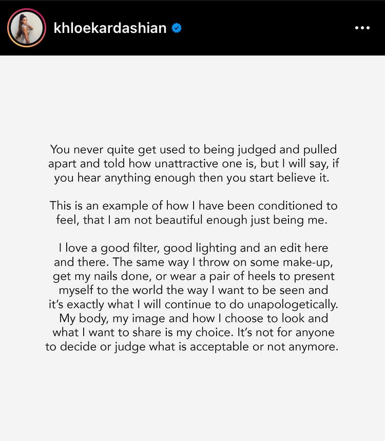 Khloe Kardashian’s message about body imageKhloe Kardashian/ Instagram