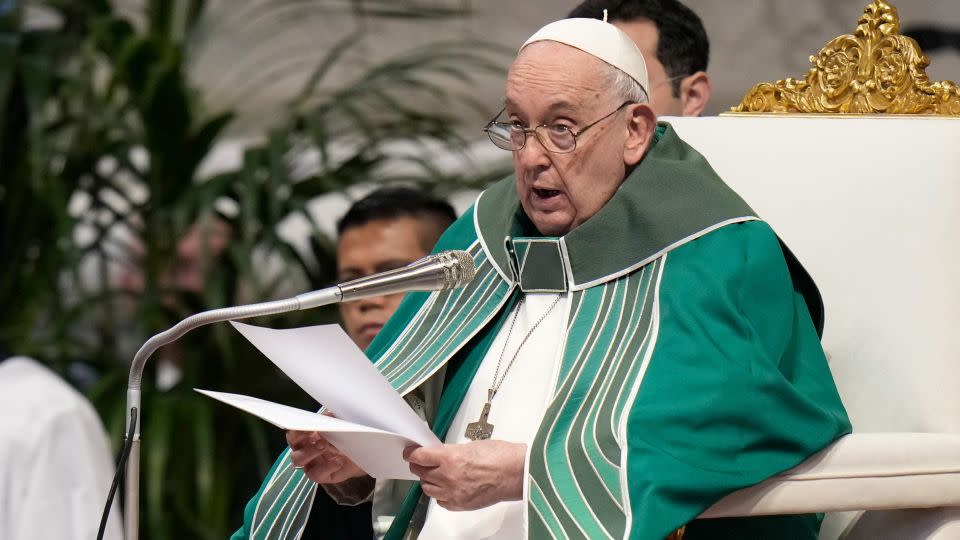 Pope Francis delivers his speech for the closing of the 16th general assembly of the synod of bishops on Oct. 29, 2023. - Alessandra Tarantino/AP