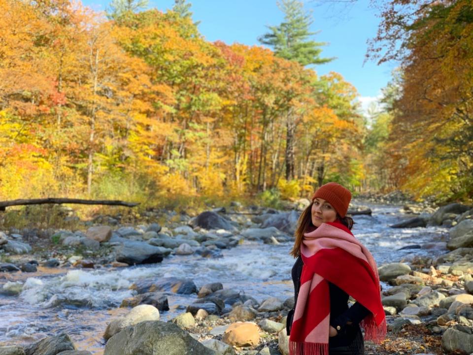 Alice Hutton pictured on the Mohawk Trail in Massachusetts, in October 2020, after arriving in the US three days before the border shut in MarchAlice Hutton