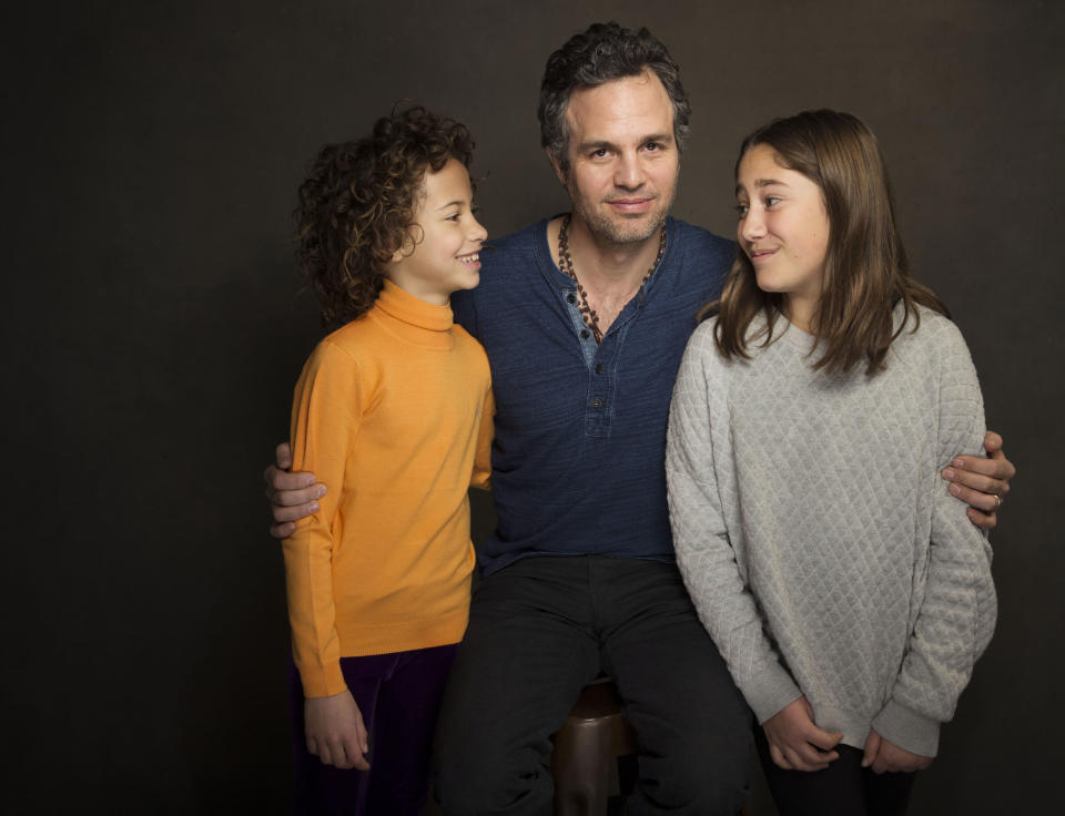 In this Sunday, Jan. 19, 2014 photo, from left, actress Ashley Aufderheide, actor Mark Ruffalo and actress Imogene Wolodarsky of the film, "Infinitely Polar Bear," pose for a portrait at The Collective and Gibson Lounge Powered by CEG, during the Sundance Film Festival, in Park City, Utah. The film starring Ruffalo, Zoe Saldana, and Keir Dullea, premiered at the 2014 Sundance Film Festival. (Photo by Victoria Will/Invision/AP)
