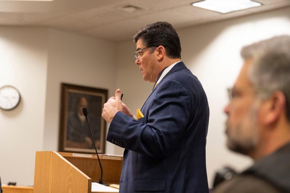 Defense attorney Lee Graham questions Det. Brandin Huggett during a preliminary hearing regarding the death of Kai Turner at Calhoun County District Court on Thursday, Dec. 8, 2022.