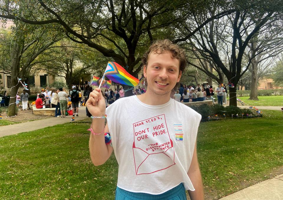 “It’s very important that people are able to see that we exist here, and we exist in every space and that our school is proud of that,” said Zachary Benoit, a St. Edward's University senior who helped organize the protest and pride celebration.