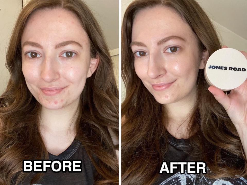 Reporter Amanda Krause without and with the Jones Road Beauty foundation balm.