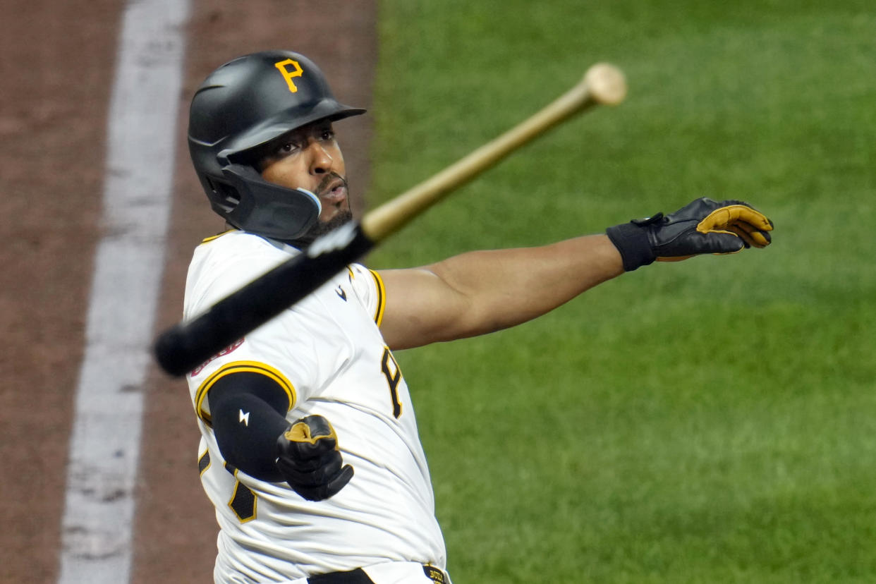 Pittsburgh Pirates' Joshua Palacios loses his grip on his bat while batting against Milwaukee Brewers relief pitcher Joe Ross during the ninth inning of a baseball game in Pittsburgh, Tuesday, Sept. 24, 2024. The Brewers won 7-2. (AP Photo/Gene J. Puskar)