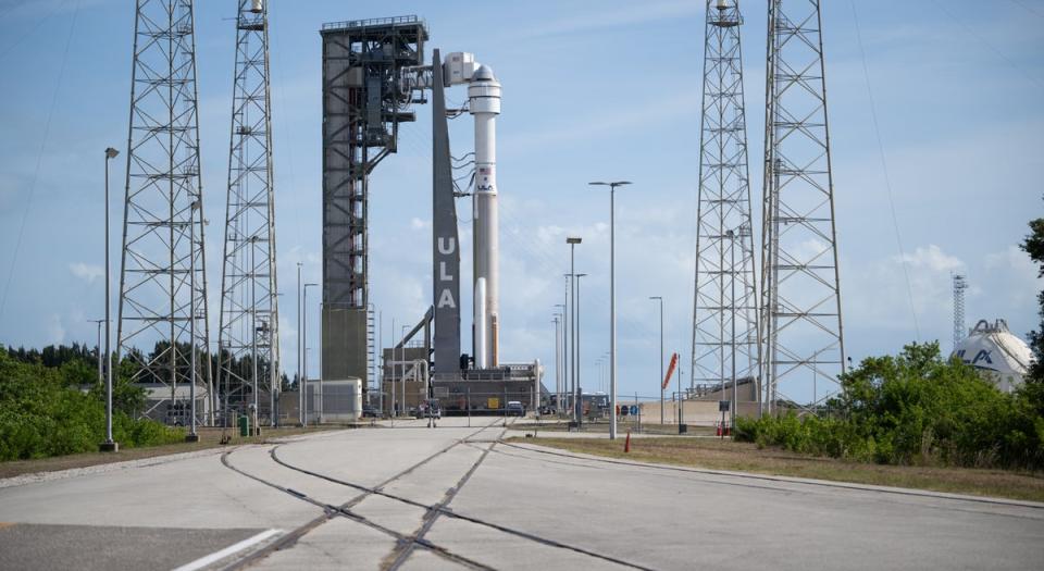 A United Launch Alliance Atlas V rocket with Boeing's CST-100 Starliner spacecraft aboard is seen on the launch pad at Space Launch Complex 41 ahead of the NASA’s Boeing Crew Flight Test, Monday, May 6, 2024 at Cape Canaveral Space Force Station in Florida. ((NASA/Joel Kowsky))