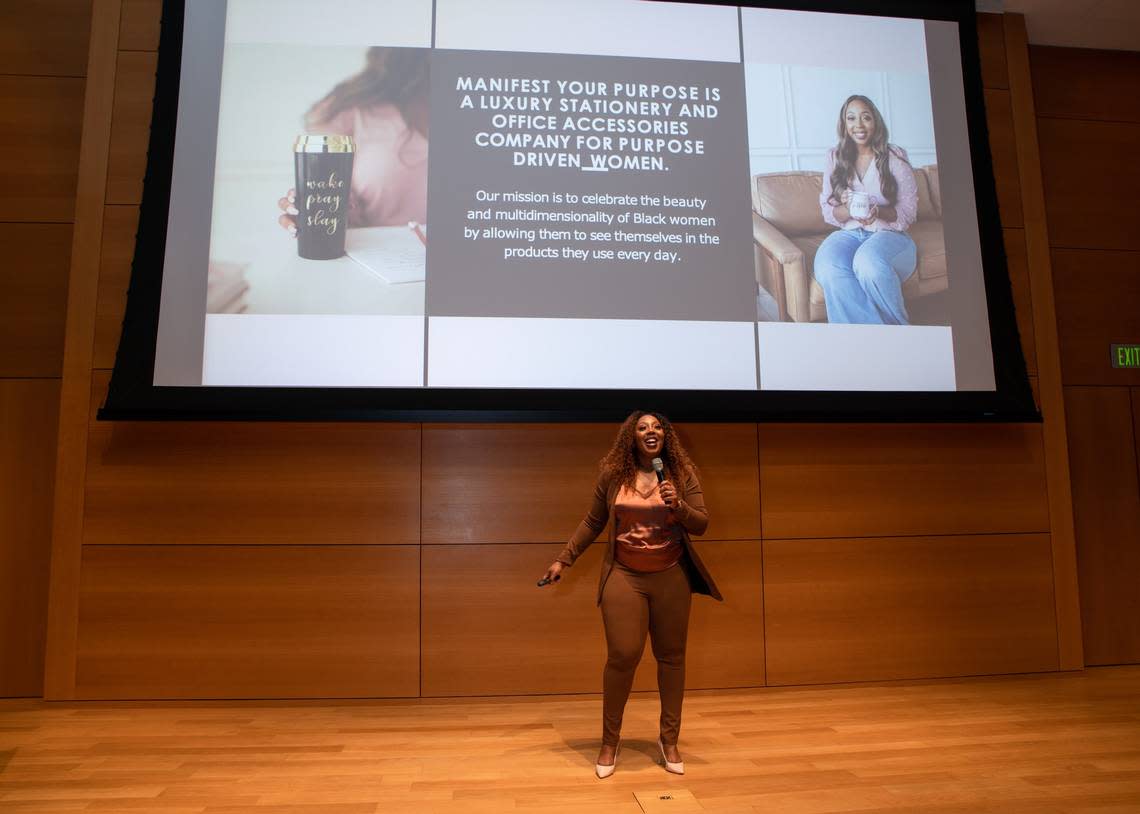 Saria Hawkins pitches Manifest Your Purpose, a stationary company that targets Black women.