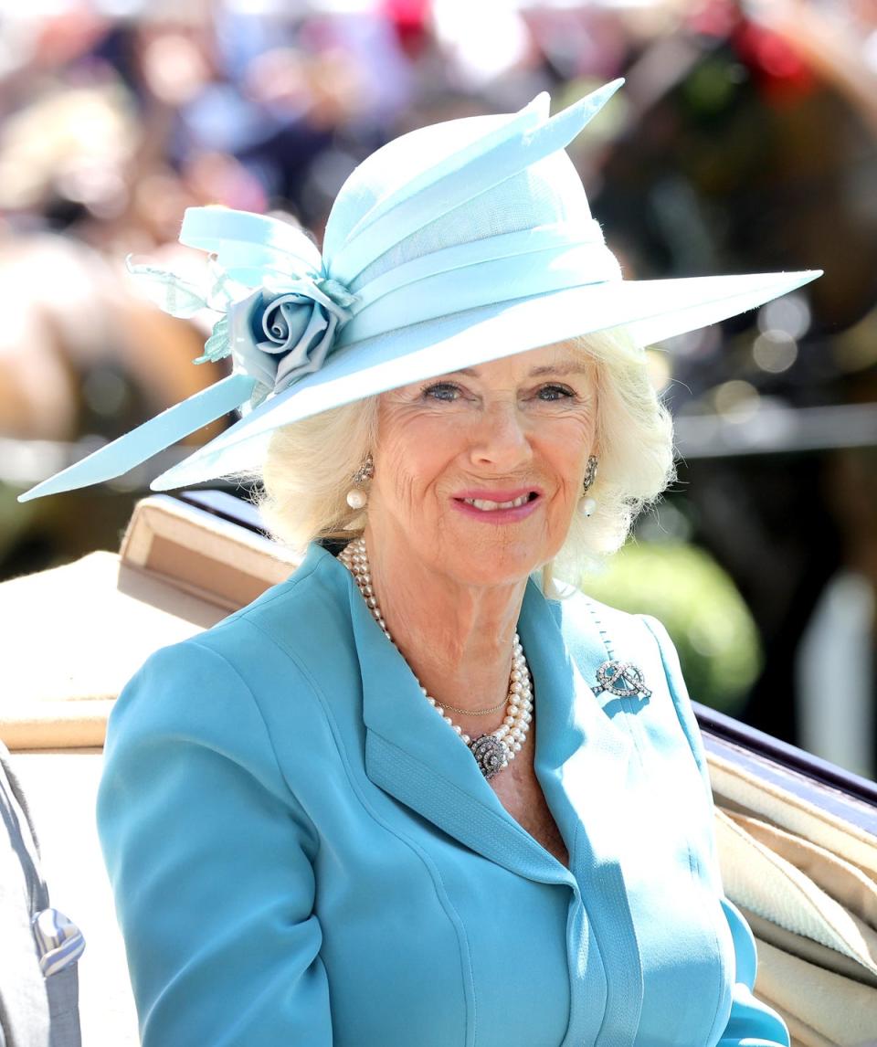 Camilla, Duchess of Cornwall arrives into the parade ring in the royal carriage as she attends Royal Ascot 2022 (Getty Images)