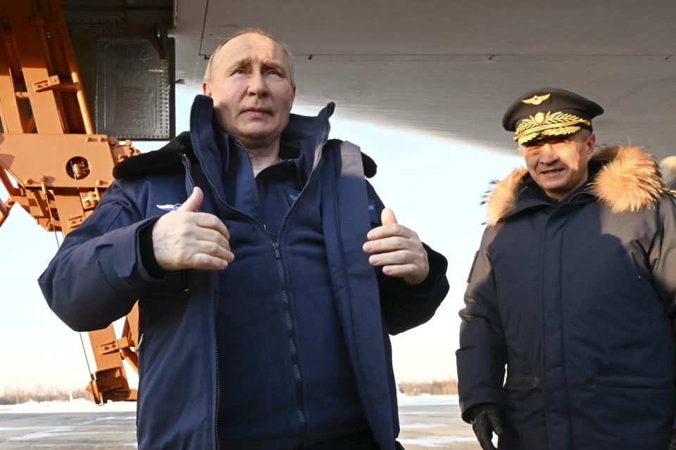 Russian President Vladimir Putin gets off a Tu-160M strategic bomber after a flight in Kazan, Russia, Thursday, Feb. 22, 2024. (Dmitry Azarov, Sputnik, Kremlin Pool Photo via AP)
