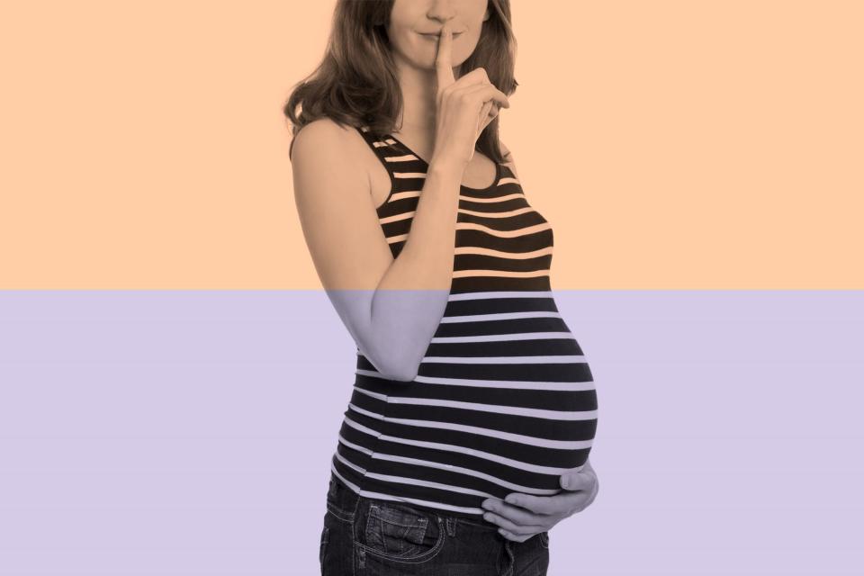 photo illustration of pregnant woman with her finger over her mouth