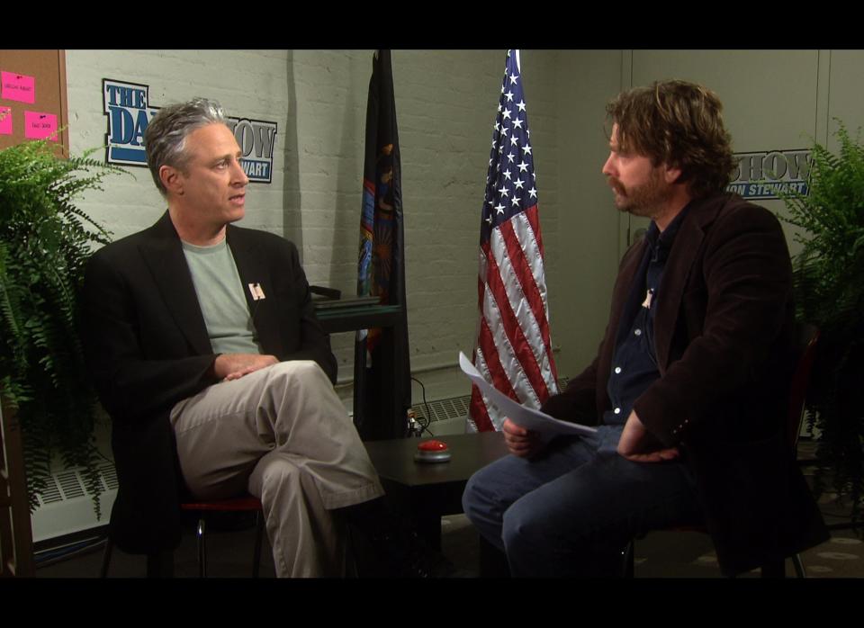 Backstage at "The Daily Show," Zach Galifianakis gives Jon Stewart <a href="http://www.funnyordie.com/videos/5325b03b52/between-two-ferns-with-zach-galifianakis-jon-stewart">the "Between Two Ferns" treatment</a>.