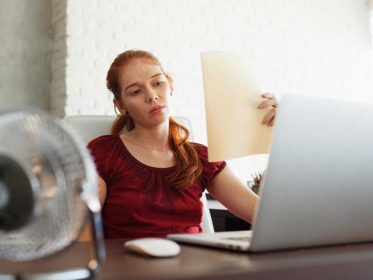 Woman in front of laptop and fan