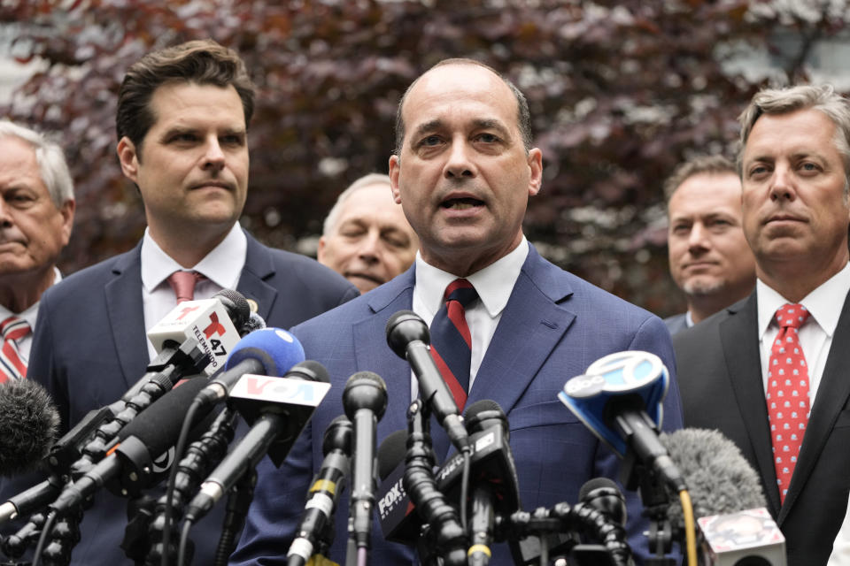 FILE - The chairman of the House Freedom Caucus, Rep. Bob Good, R-Va., speaks during a news conference at near Manhattan criminal court, May 16, 2024, in New York. Former President Donald Trump has endorsed the Republican opponent of a Virginia congressman who chairs a group of House conservatives called the House Freedom Caucus. The endorsement of John McGuire, a state senator, provides a jolt of momentum for the challenger and could be difficult for the incumbent, Rep. Bob Good. (AP Photo/Frank Franklin II, File)